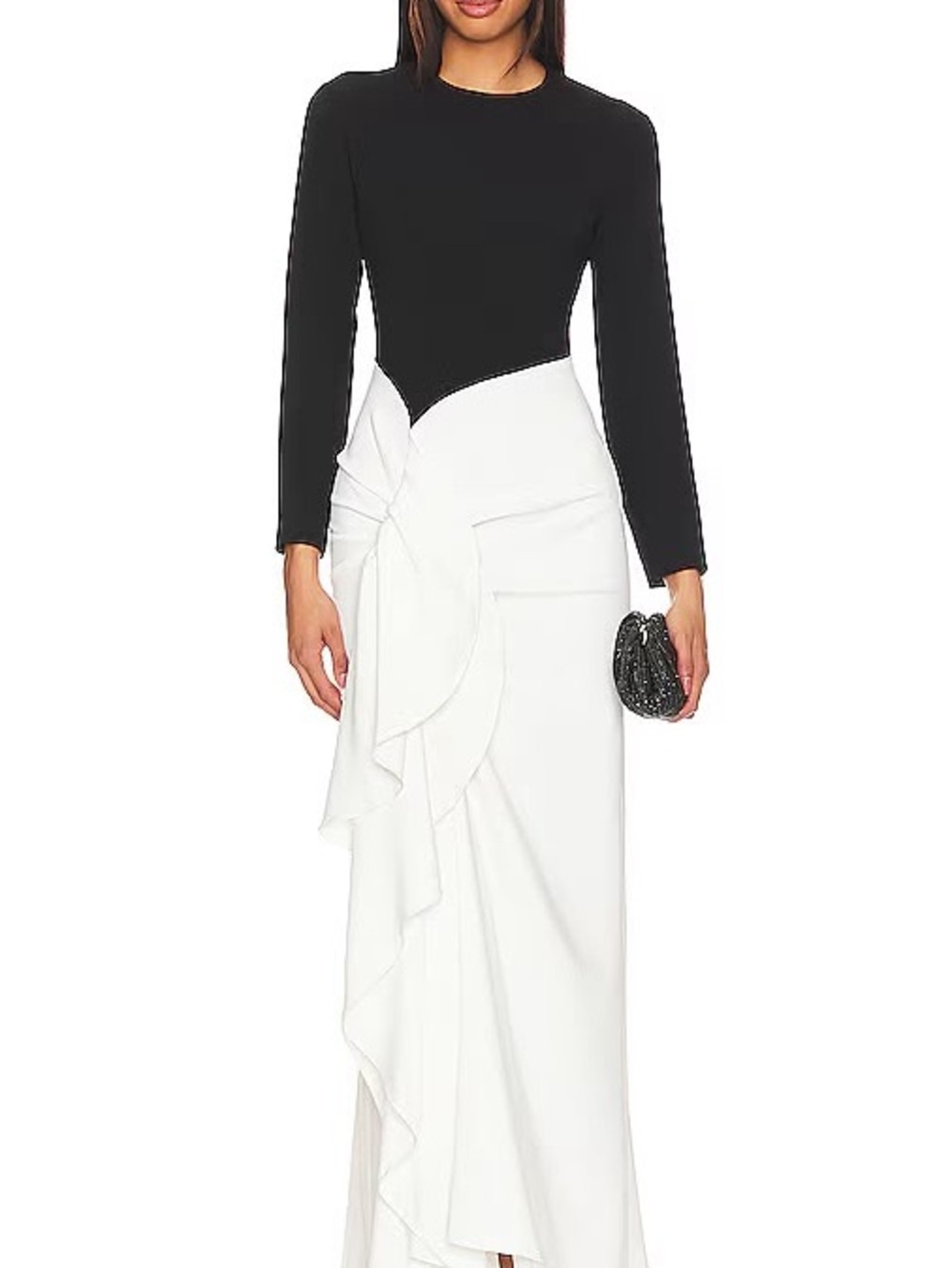 Solace London Black and White Ruffle-Detail Maxi Skirt Dress
